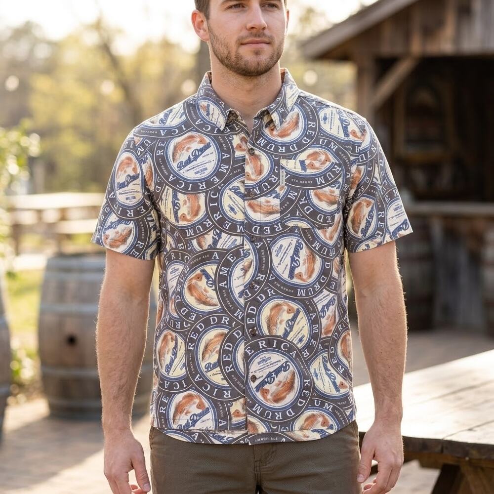 Columbia River Lodge Red Drum Amber Ale Fish Short Sleeve Button Down Shirt XL